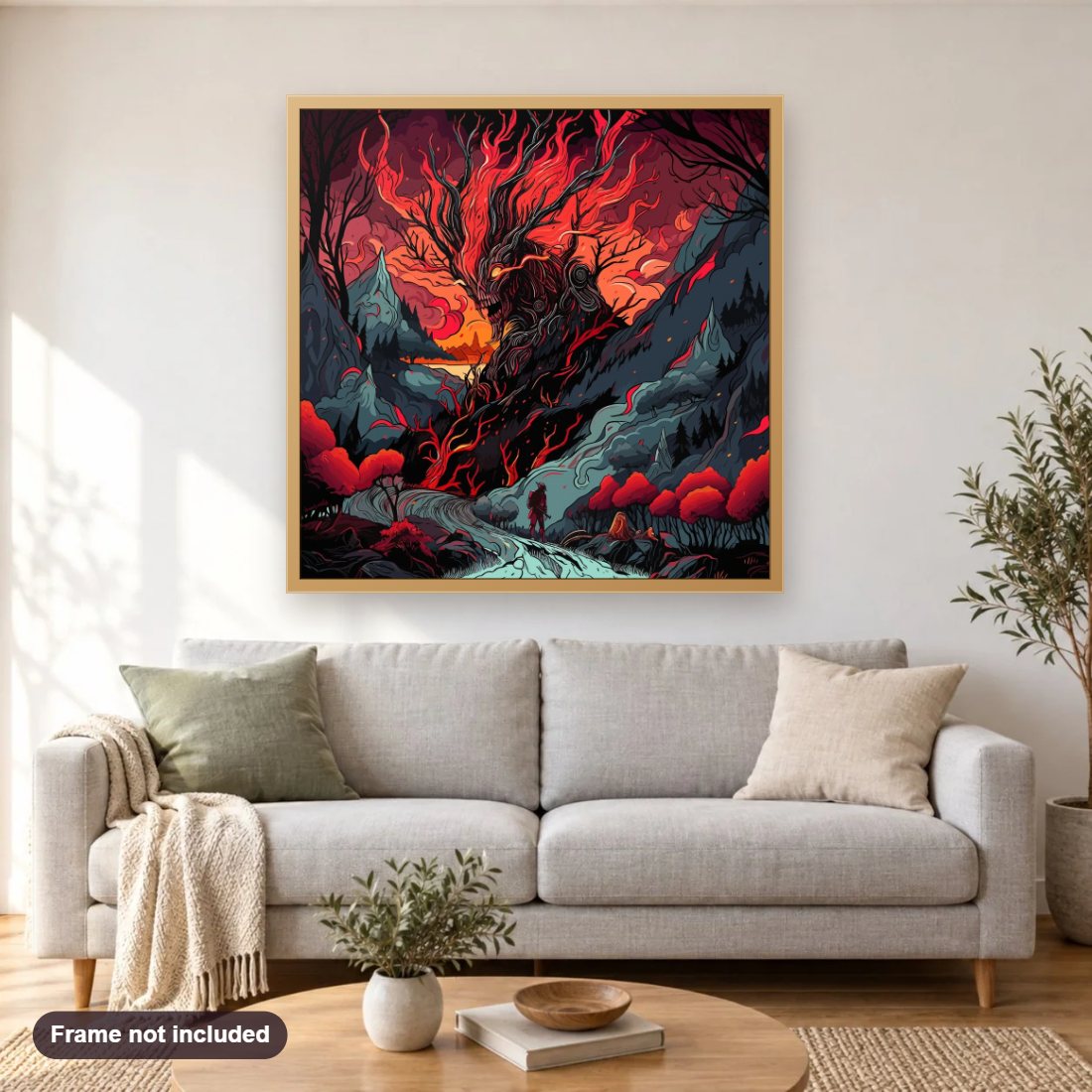 Finding the Way Out diamond painting shown framed on a living room wall above a sofa
