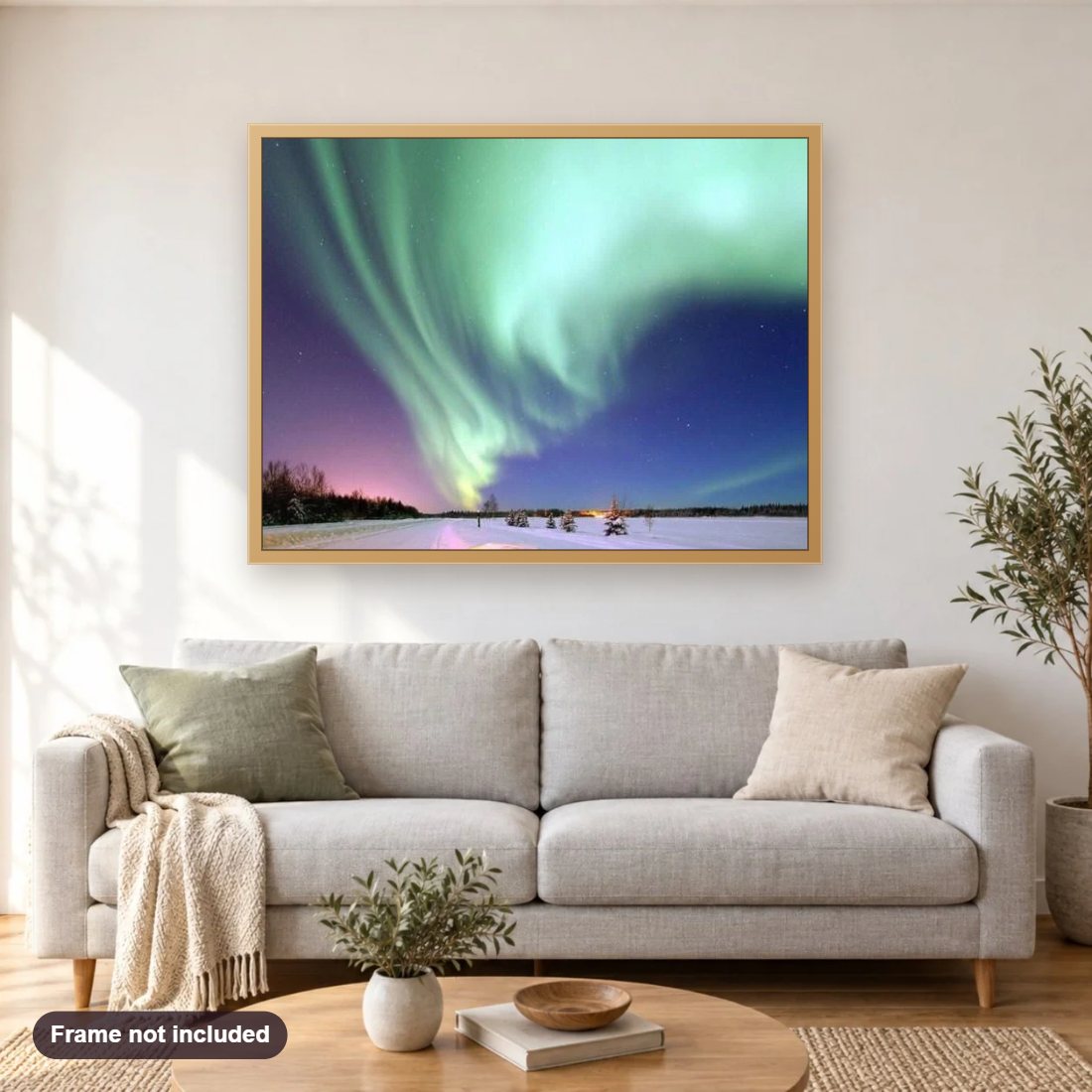 Finland Northern Lights diamond painting shown framed on a living room wall above a sofa