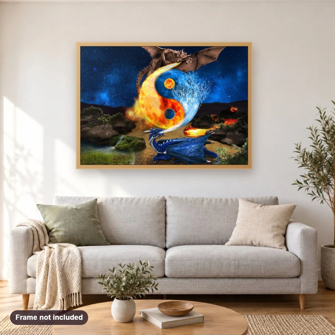 Fire Dragon & Water Dragon Fight diamond painting shown framed on a living room wall above a sofa