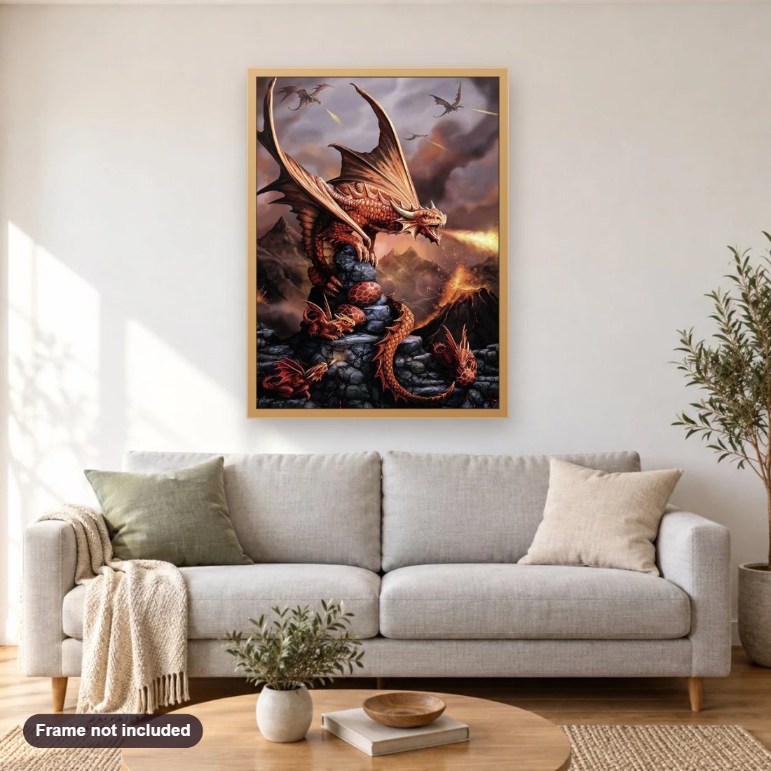 Fire Dragon with Eggs & Babies diamond painting shown framed on a living room wall above a sofa