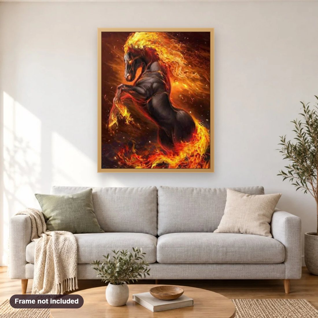 Fire Horse diamond painting shown framed on a living room wall above a sofa