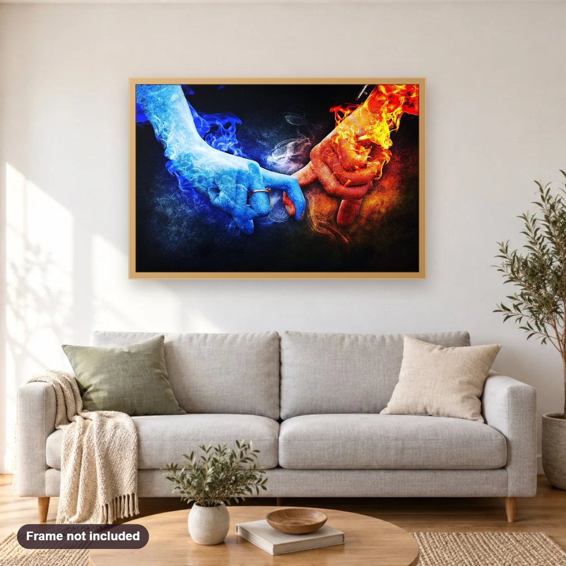 Fire & Ice Love diamond painting shown framed on a living room wall above a sofa