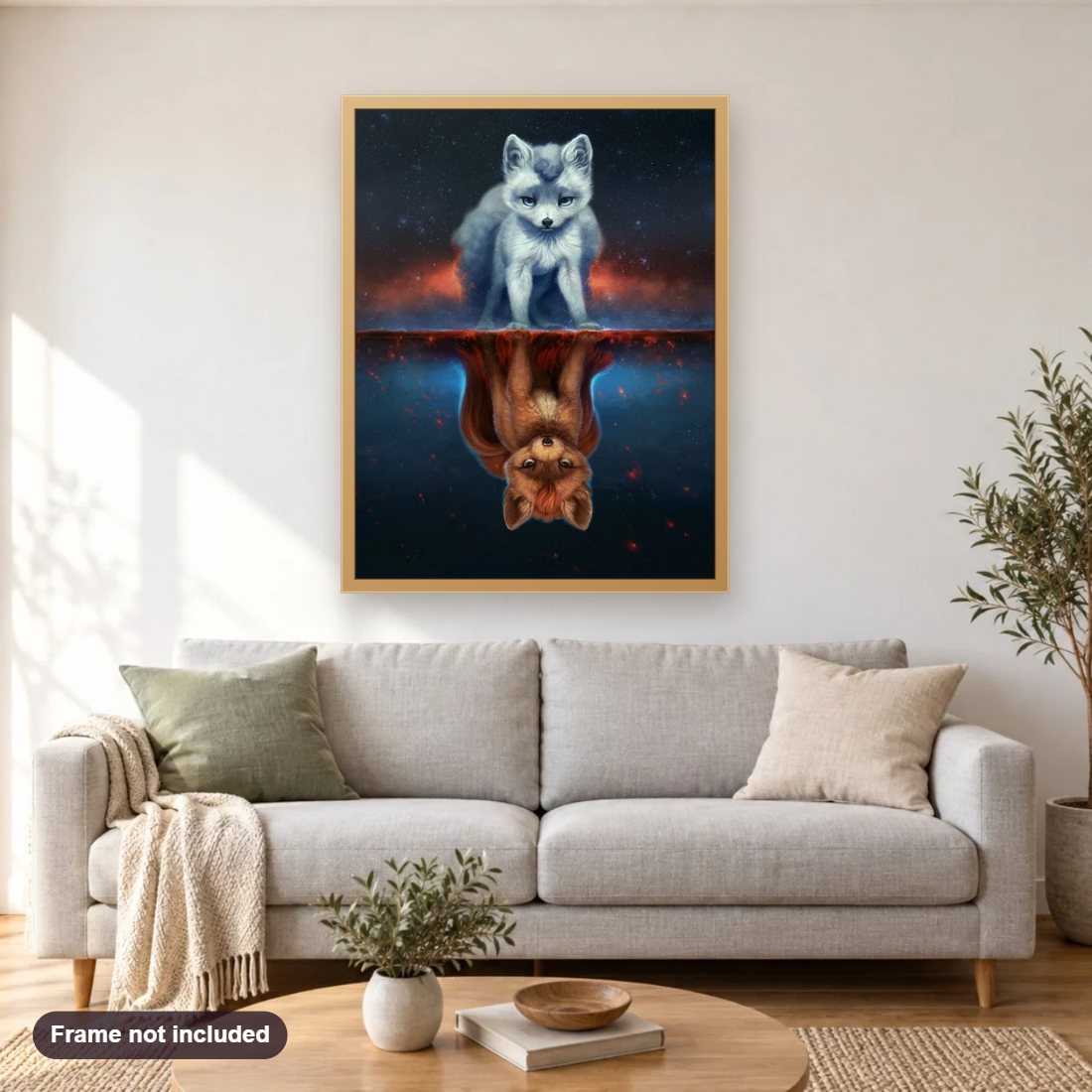 Fire & Ice Wolf Pups diamond painting shown framed on a living room wall above a sofa