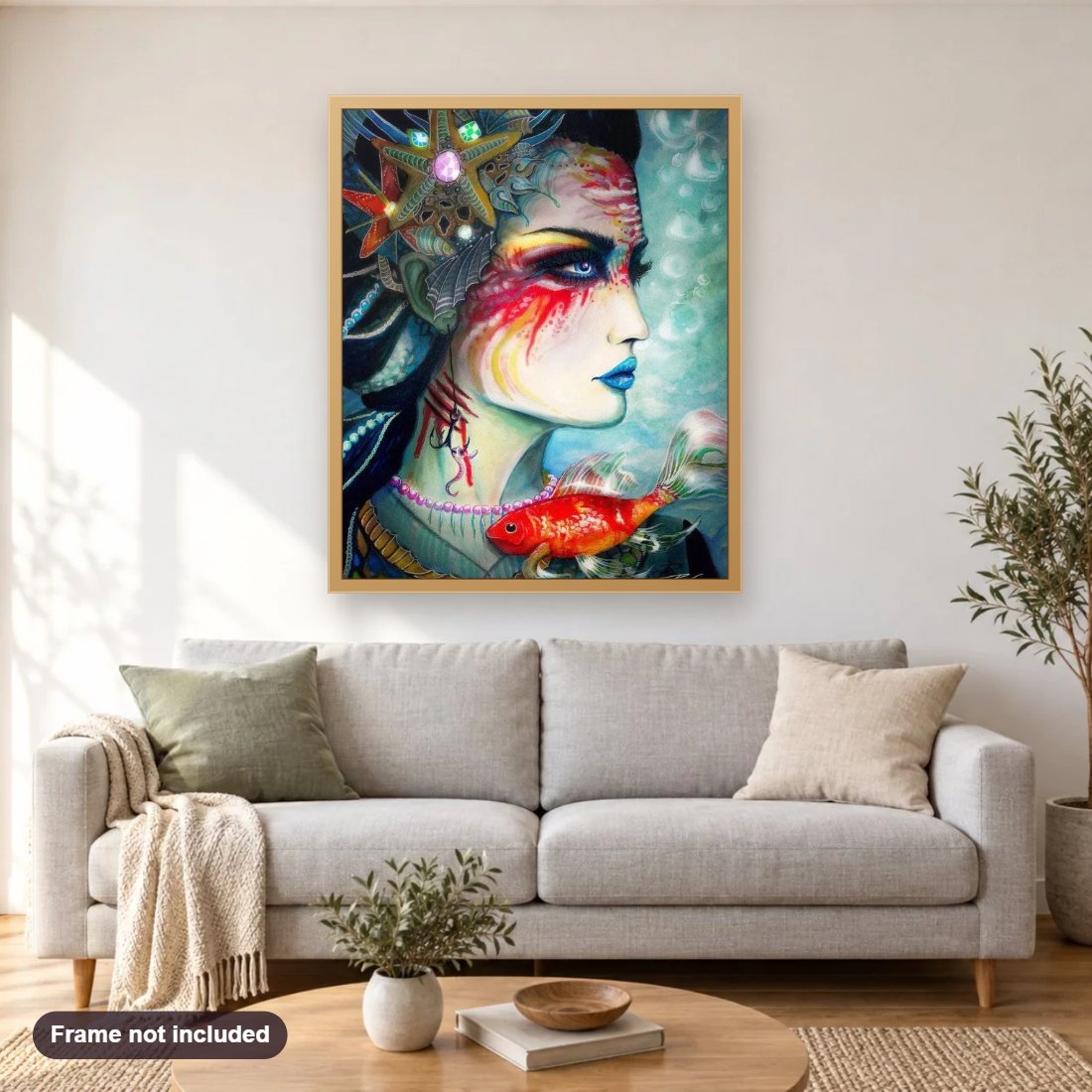 Fish And Flower Head Woman Art diamond painting shown framed on a living room wall above a sofa