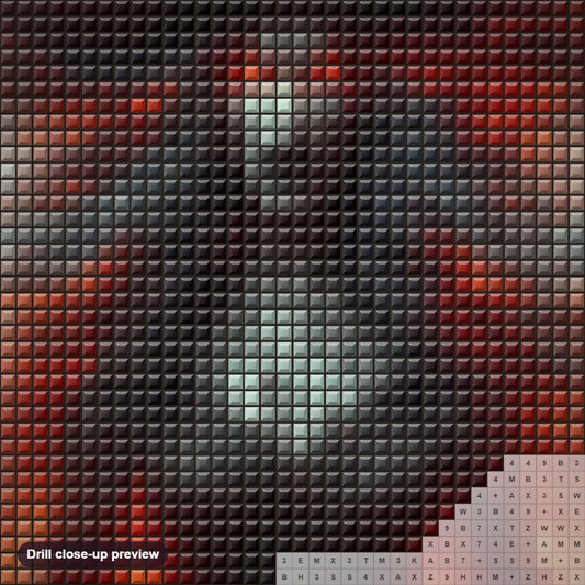 Close-up preview of the Flaming Witch diamond painting with square 5D drills and printed canvas symbols