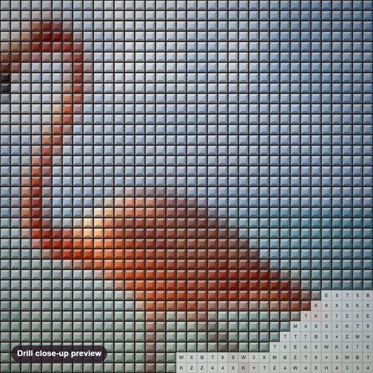 Close-up preview of the Flamingo on the Beach diamond painting with square 5D drills and printed canvas symbols