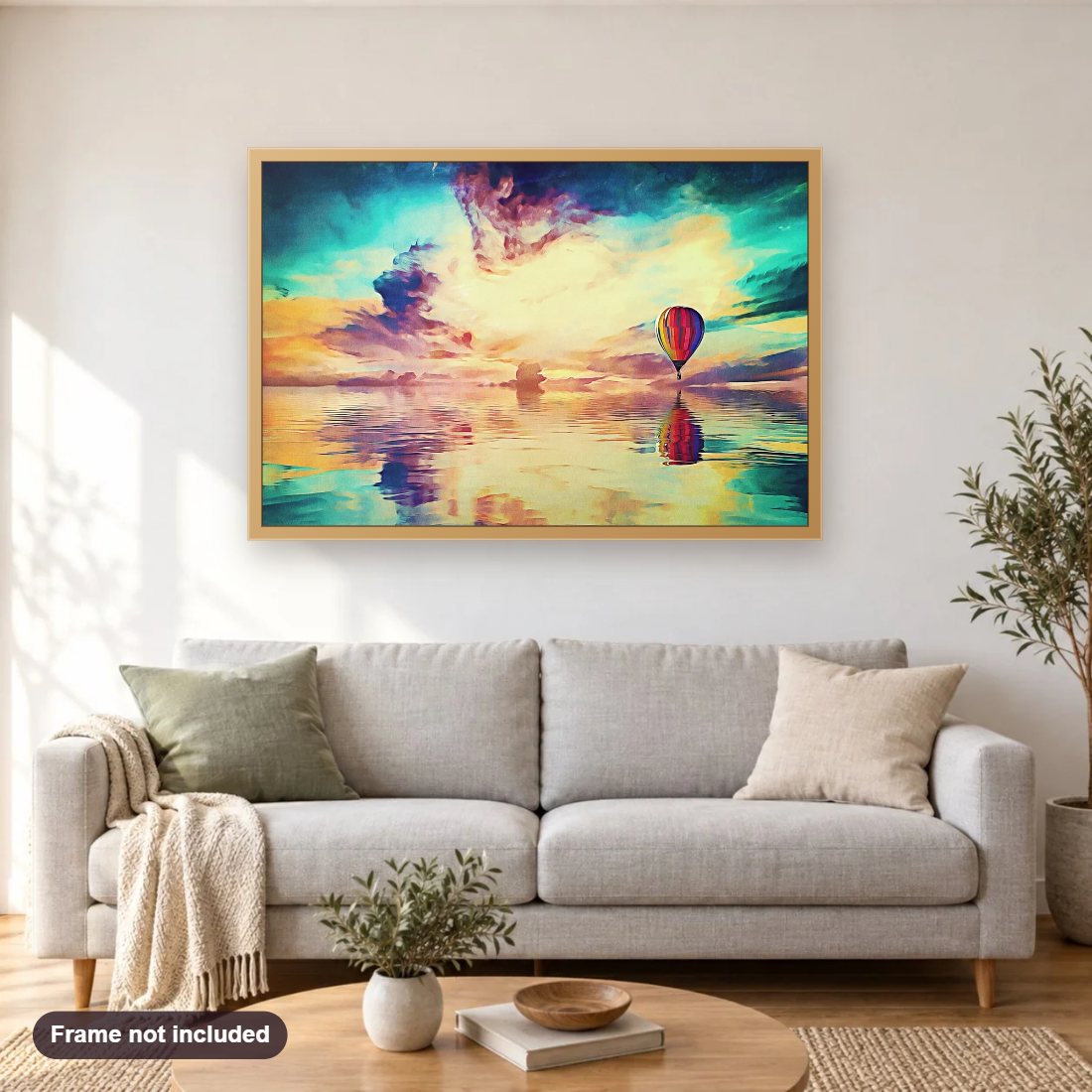 Floating Away diamond painting shown framed on a living room wall above a sofa