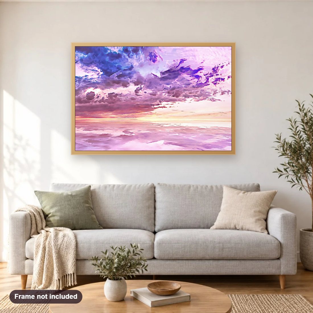 Floating In A Sea Of Clouds diamond painting shown framed on a living room wall above a sofa