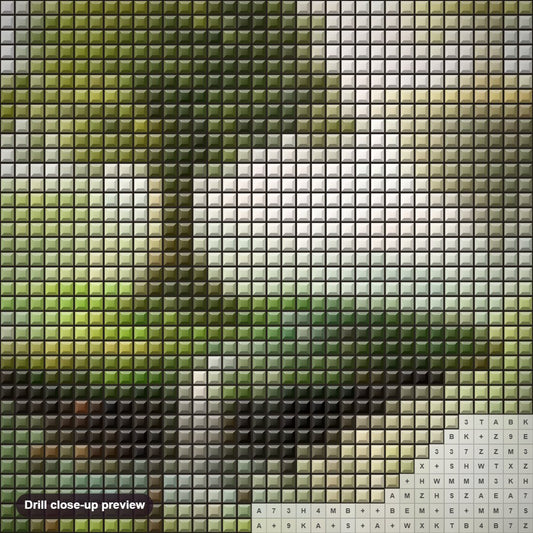 Close-up preview of the Floating Island diamond painting with square 5D drills and printed canvas symbols