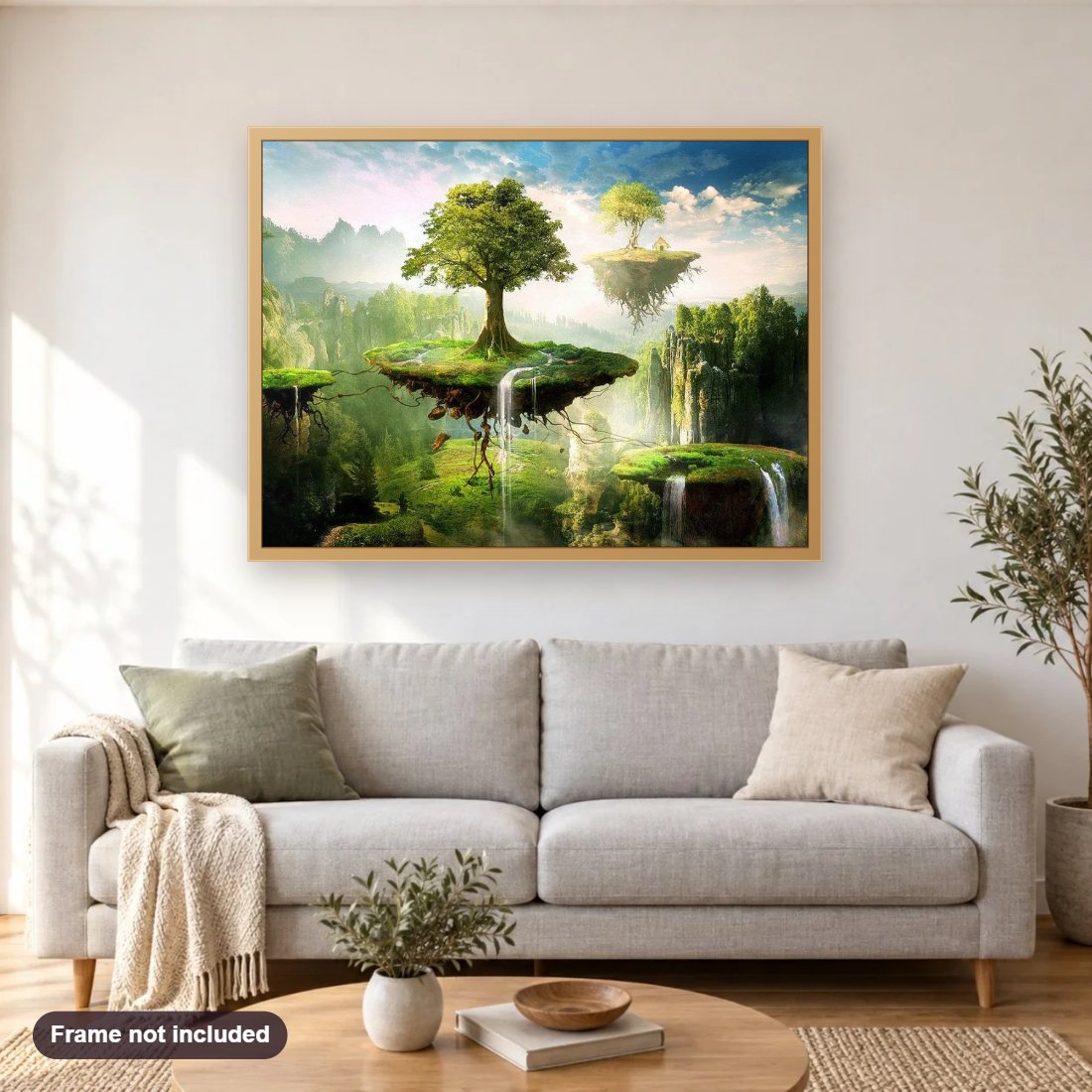 Floating Island diamond painting shown framed on a living room wall above a sofa