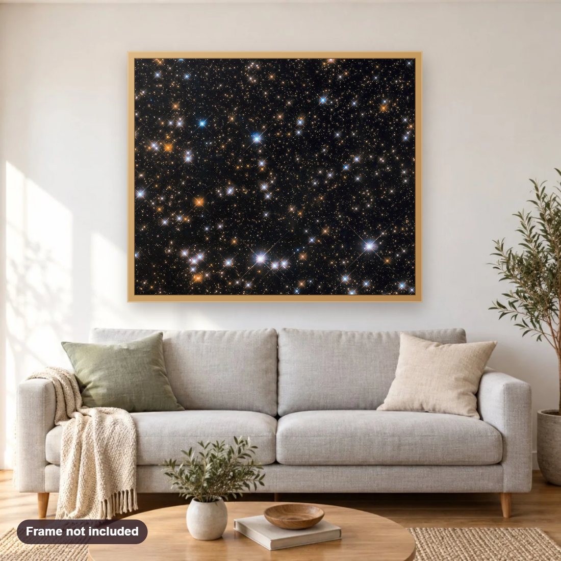 Flock of Cosmic Ducks diamond painting shown framed on a living room wall above a sofa