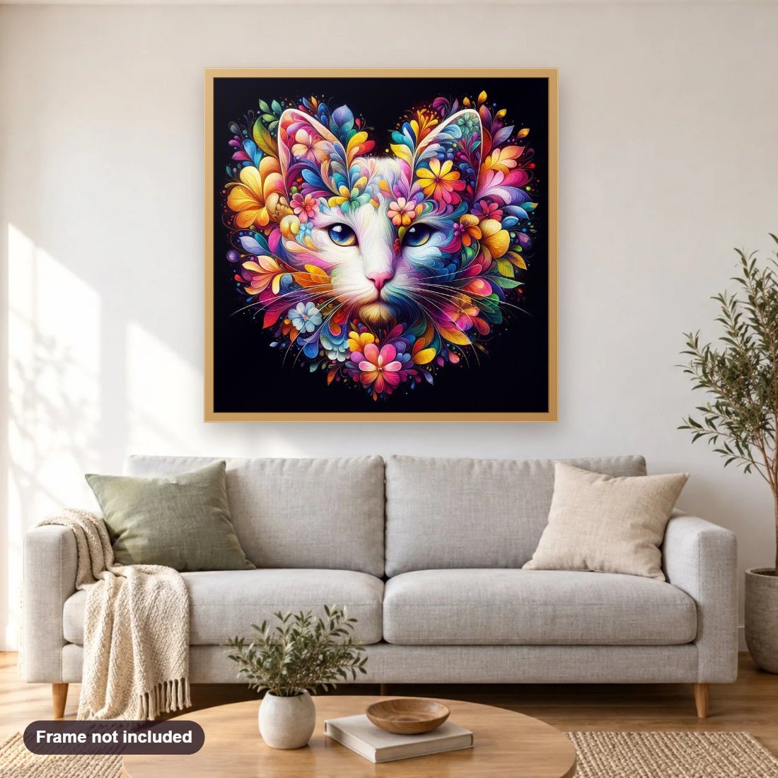 Floral Cat diamond painting shown framed on a living room wall above a sofa