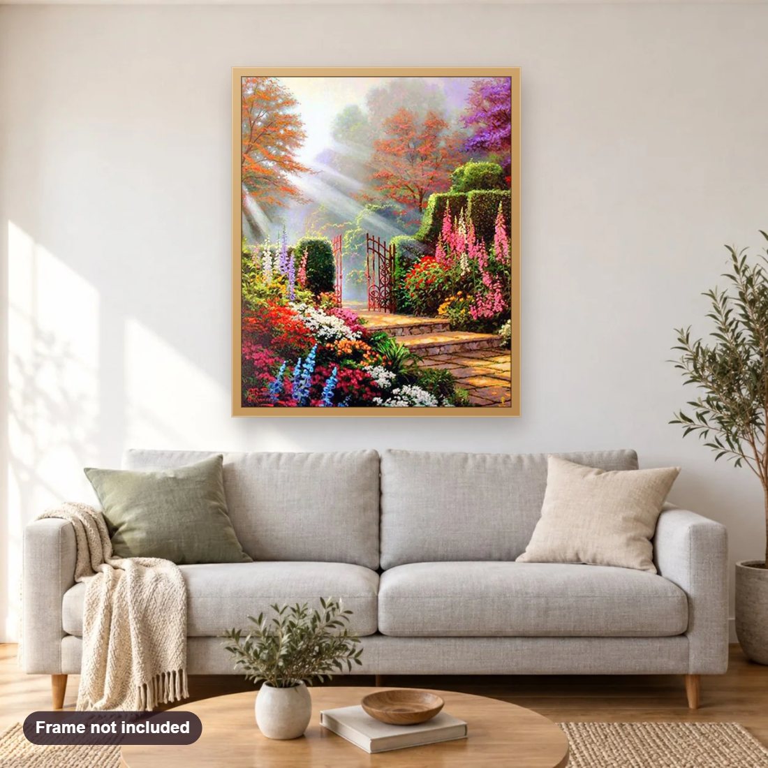 Floral Garden diamond painting shown framed on a living room wall above a sofa
