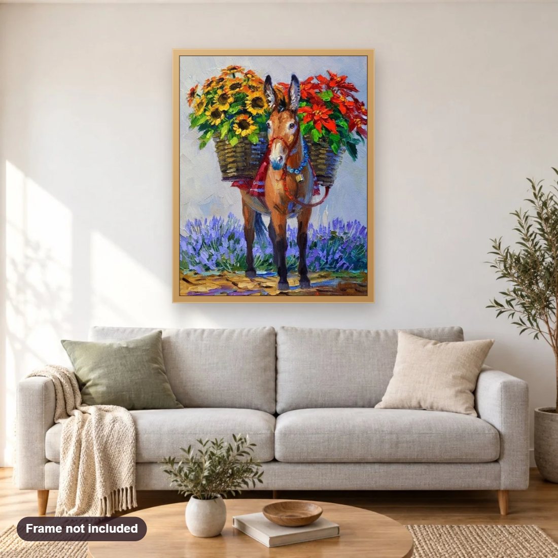Flower Burro diamond painting shown framed on a living room wall above a sofa