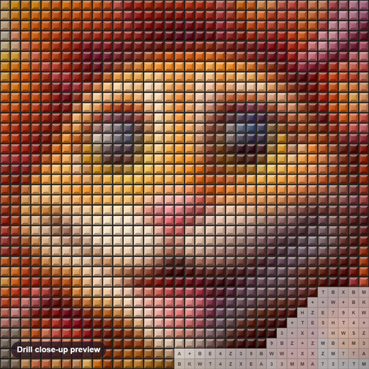 Close-up preview of the Flower Crowned Feline with Big Yellow Eyes diamond painting with square 5D drills and printed canvas symbols