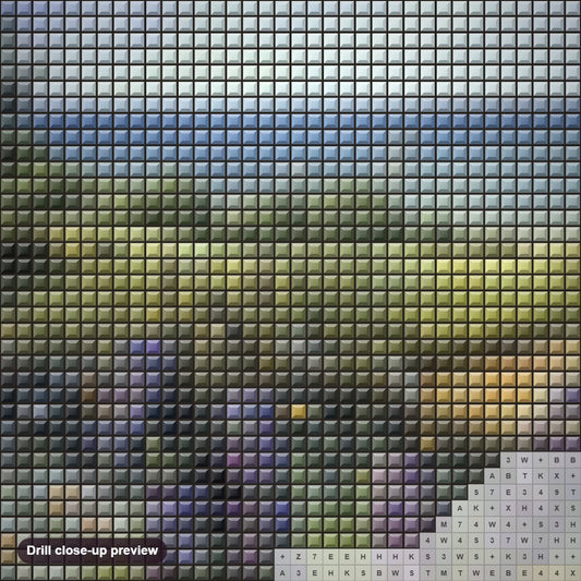 Close-up preview of the Flower Meadows diamond painting with square 5D drills and printed canvas symbols