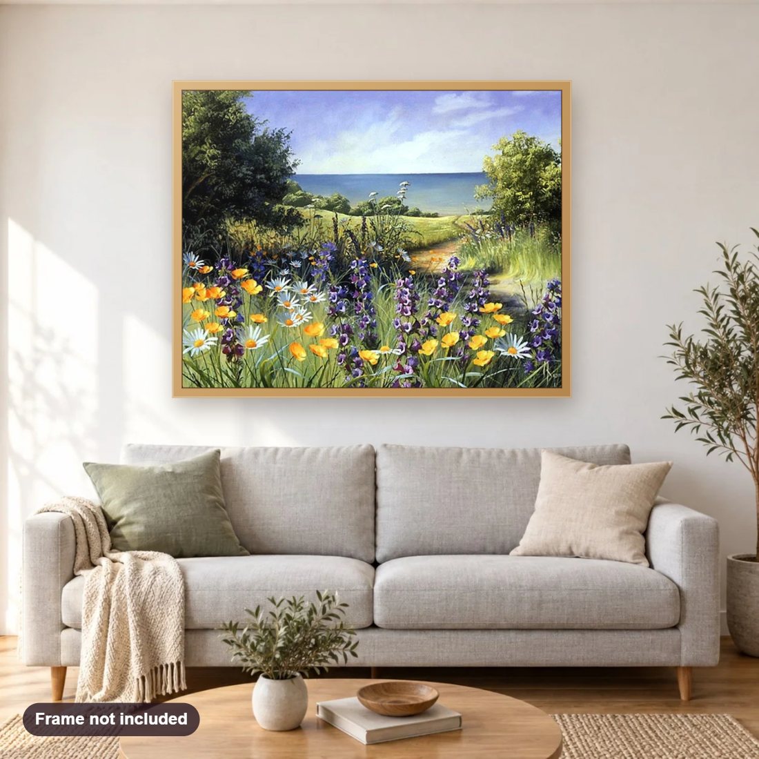 Flower Meadows diamond painting shown framed on a living room wall above a sofa