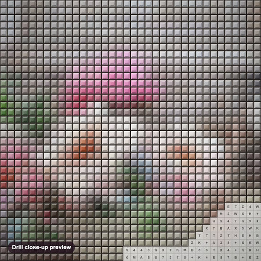 Close-up preview of the Flowers Basket on Vintage Door diamond painting with square 5D drills and printed canvas symbols