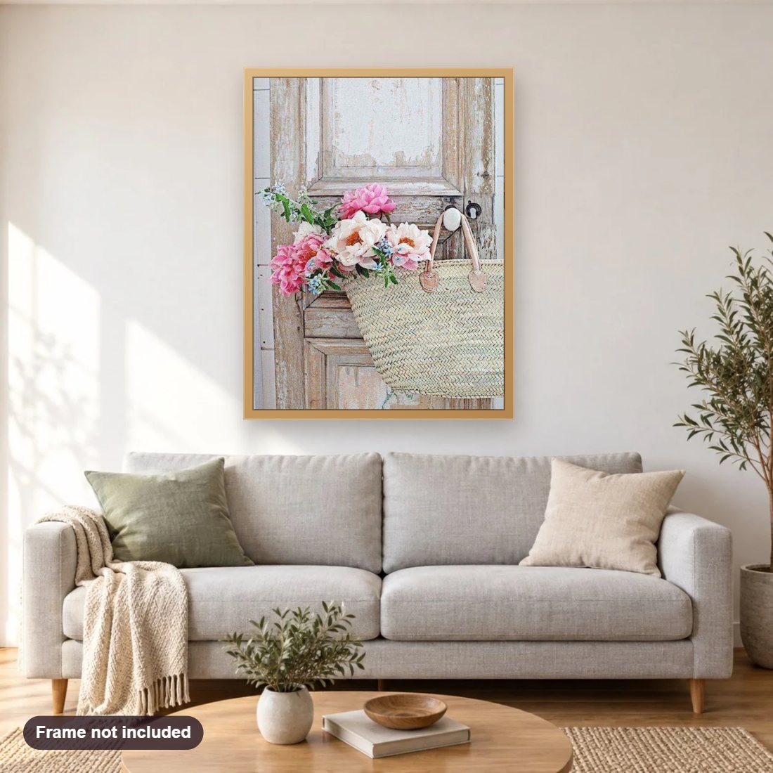 Flowers Basket on Vintage Door diamond painting shown framed on a living room wall above a sofa