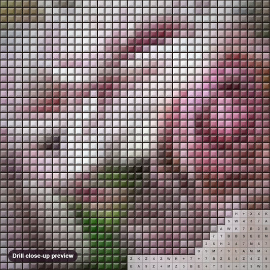Close-up preview of the Flowers Bunch & Dragon Fly diamond painting with square 5D drills and printed canvas symbols