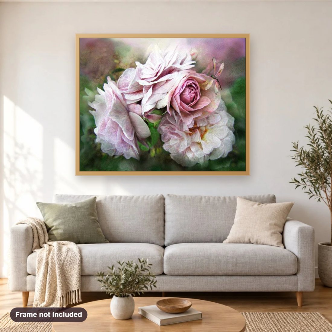 Flowers Bunch & Dragon Fly diamond painting shown framed on a living room wall above a sofa