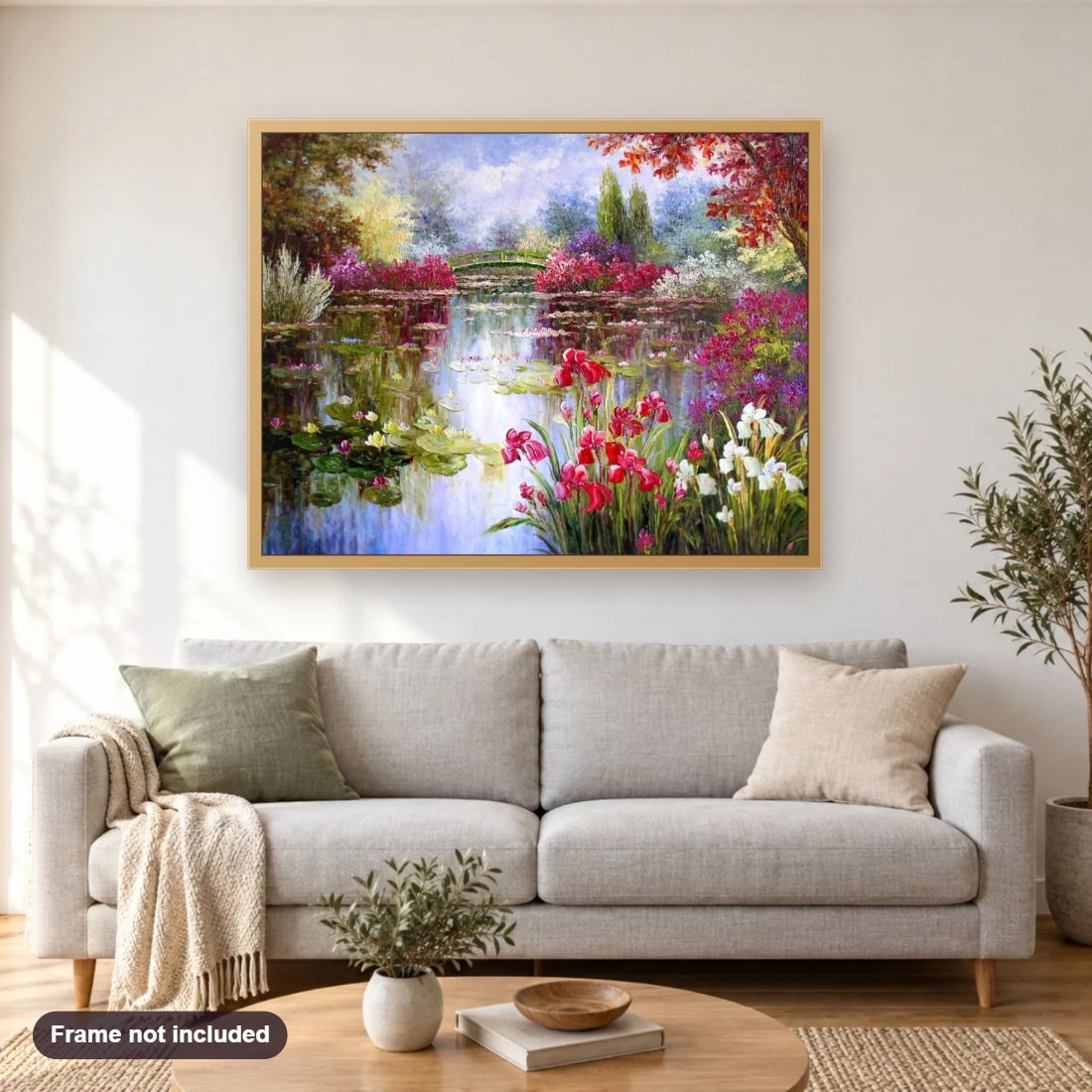 Flowers by the Lake diamond painting shown framed on a living room wall above a sofa