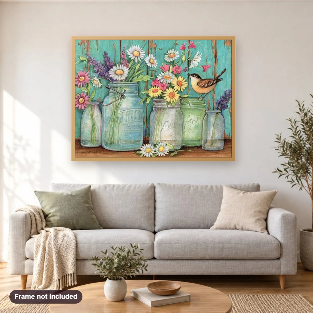 Flowers & Sparrow diamond painting shown framed on a living room wall above a sofa