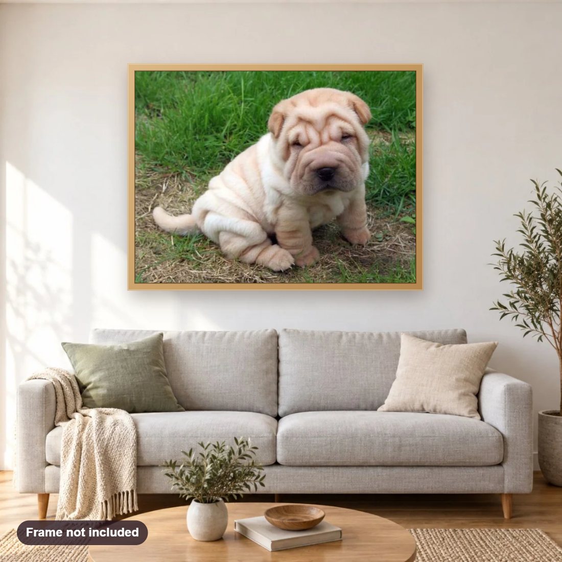 Fluffy Dog Ori Pei Breed diamond painting shown framed on a living room wall above a sofa