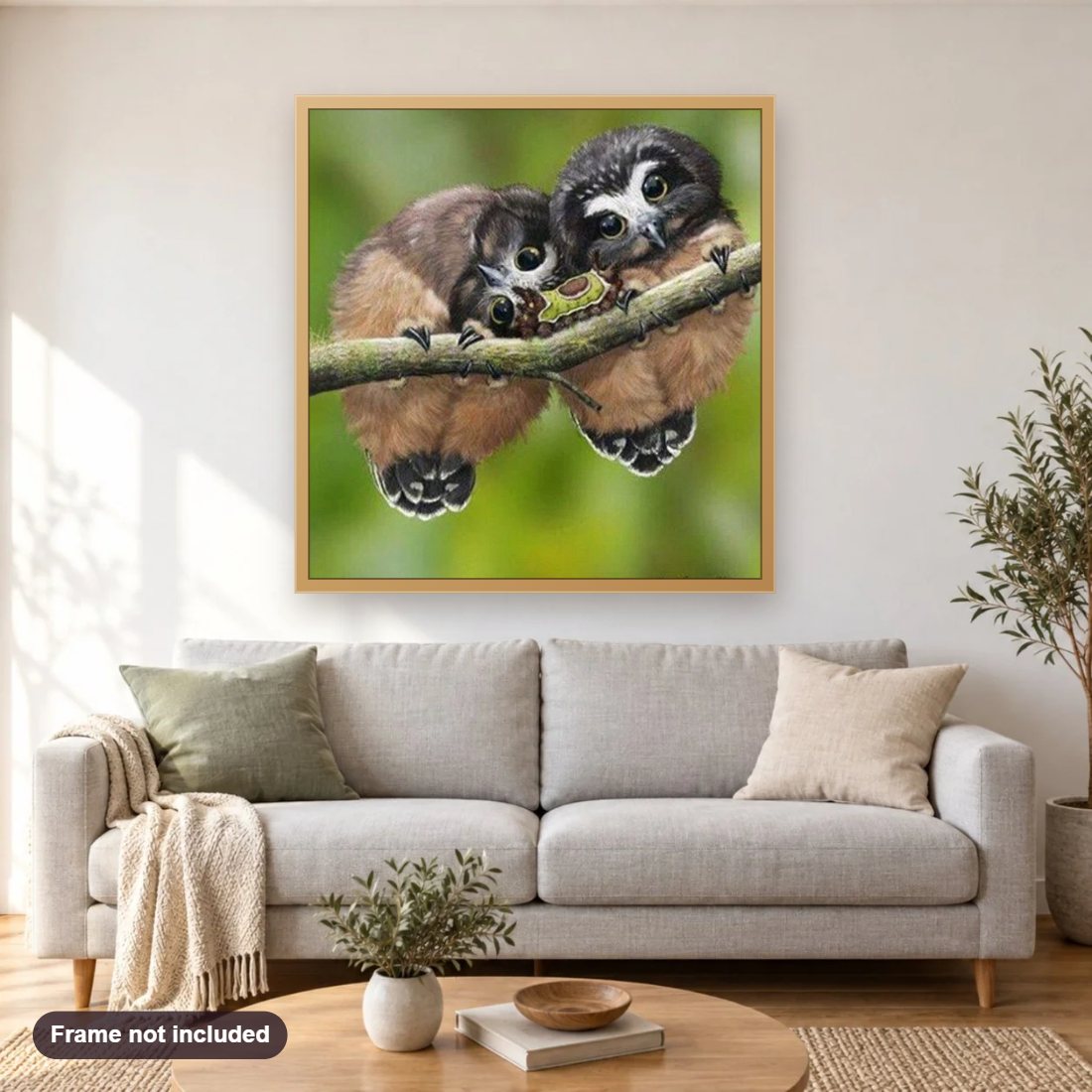 Fluffy Owls & Caterpillar diamond painting shown framed on a living room wall above a sofa