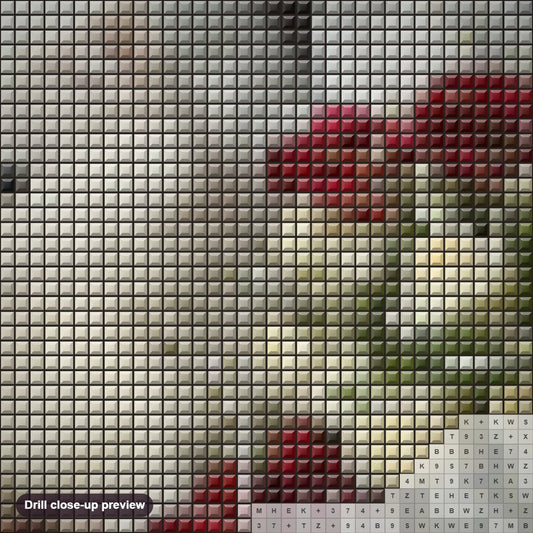 Close-up preview of the Fluffy White Cat & Flowers diamond painting with square 5D drills and printed canvas symbols