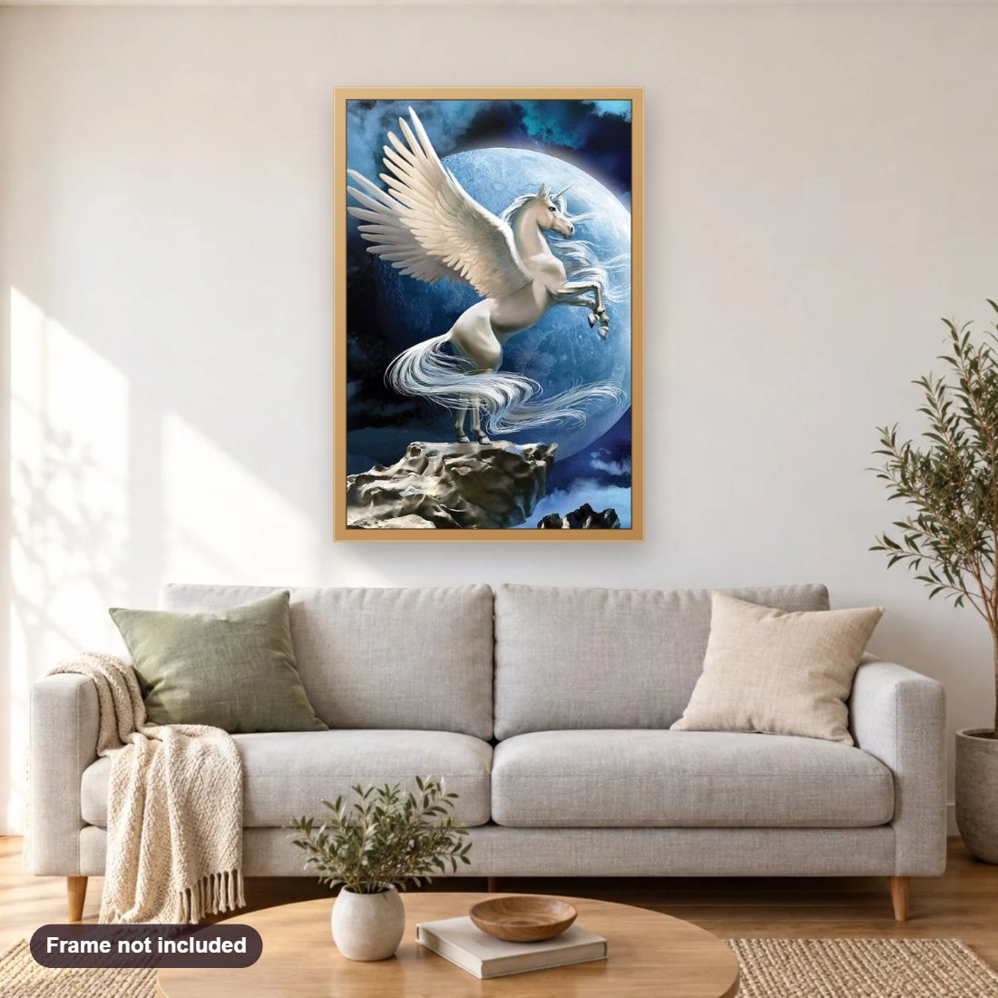 Flying Horse diamond painting shown framed on a living room wall above a sofa