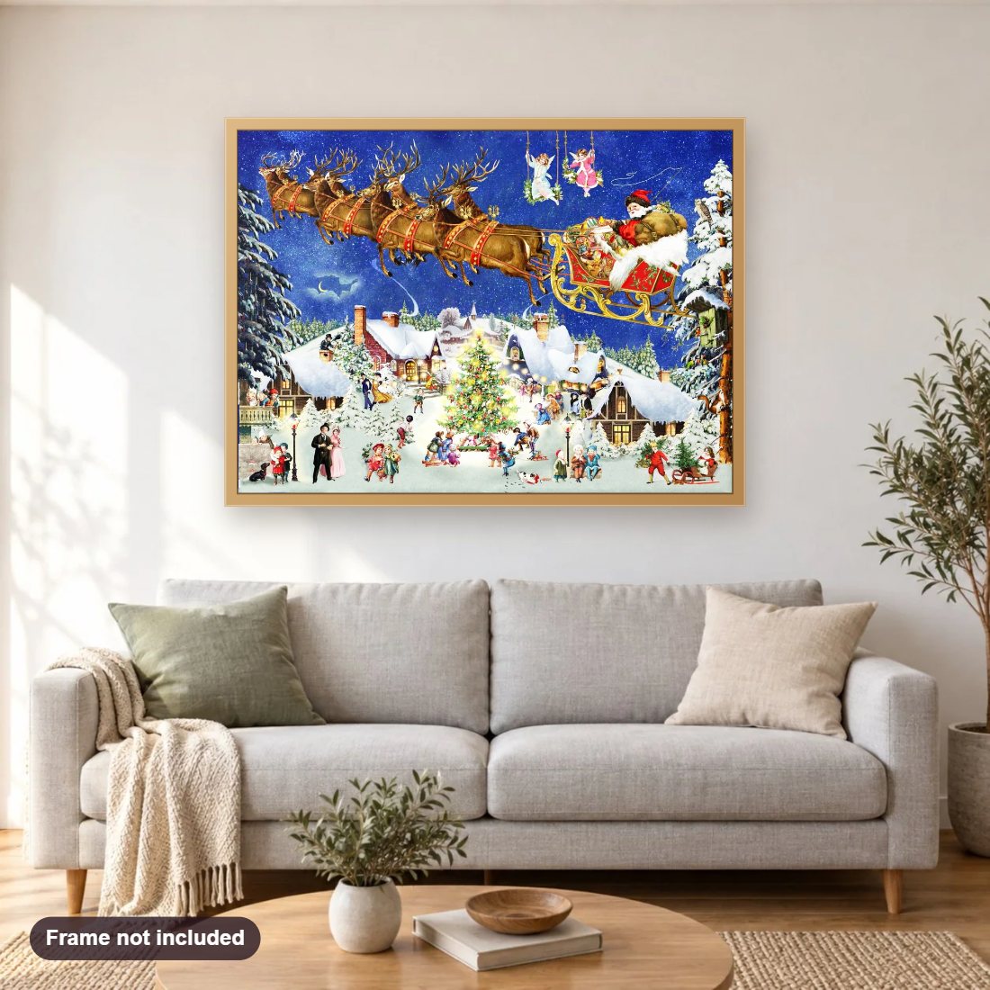 Flying Santa diamond painting shown framed on a living room wall above a sofa