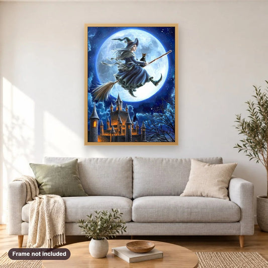 Flying Witch diamond painting shown framed on a living room wall above a sofa