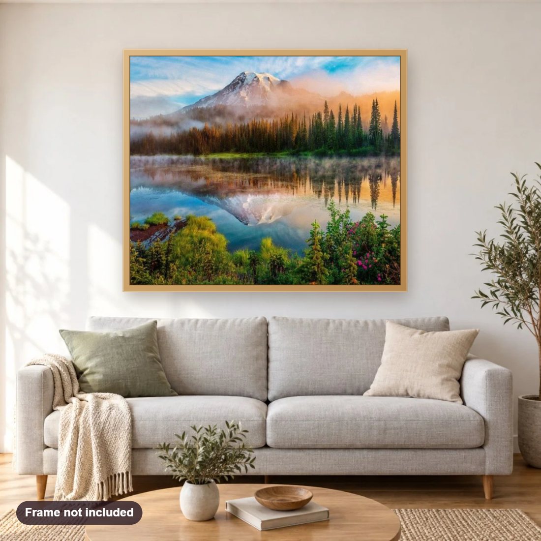 Foggy Mountain & Lake View diamond painting shown framed on a living room wall above a sofa