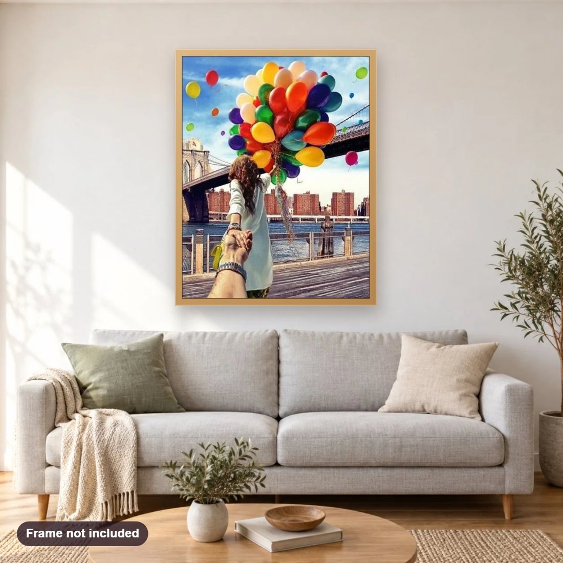Follow Me to Brooklyn Bridge diamond painting shown framed on a living room wall above a sofa