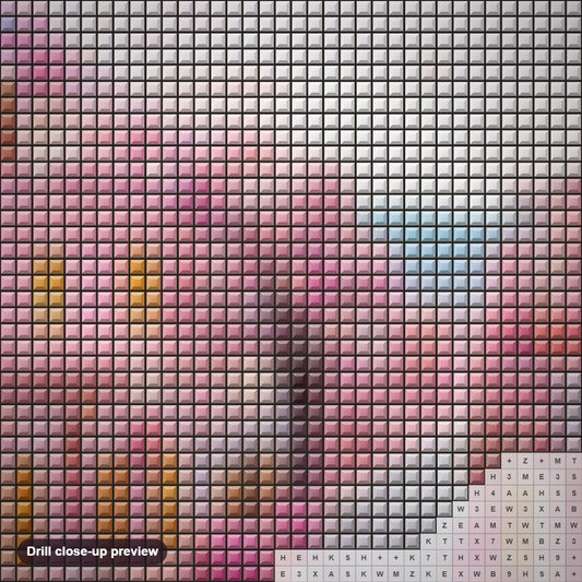 Close-up preview of the For The Love Of Pink diamond painting with square 5D drills and printed canvas symbols