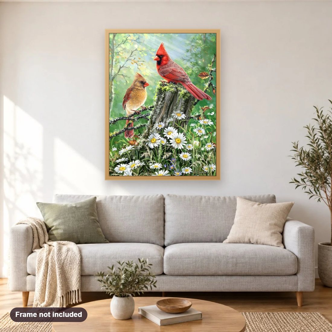 Forest Birds diamond painting shown framed on a living room wall above a sofa