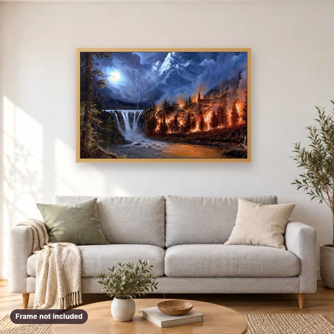 Forest Fire diamond painting shown framed on a living room wall above a sofa