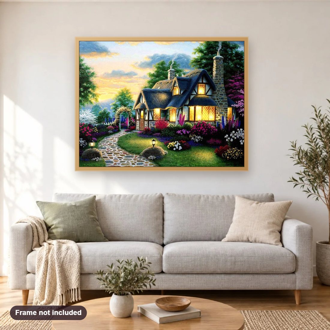 Forest House  by Milind Mulick diamond painting shown framed on a living room wall above a sofa