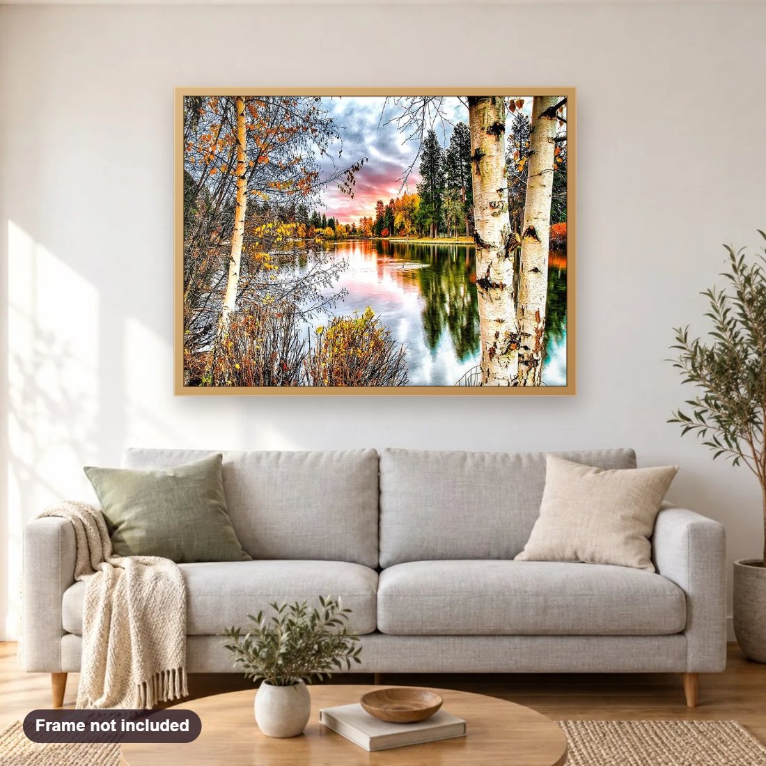 Forest Landscape diamond painting shown framed on a living room wall above a sofa