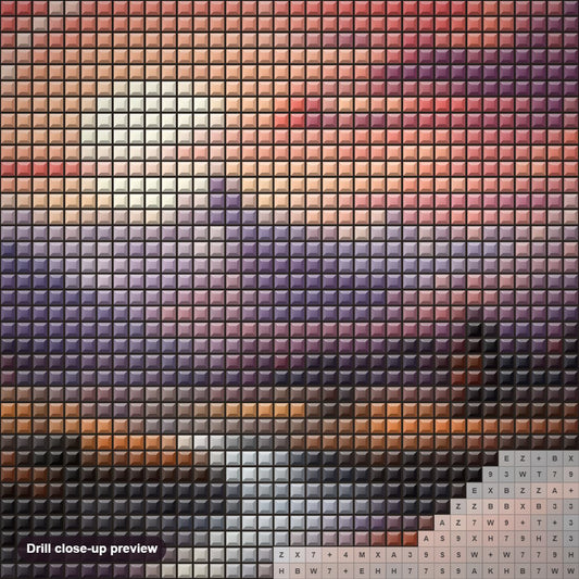 Close-up preview of the Forest River at Sunset diamond painting with square 5D drills and printed canvas symbols