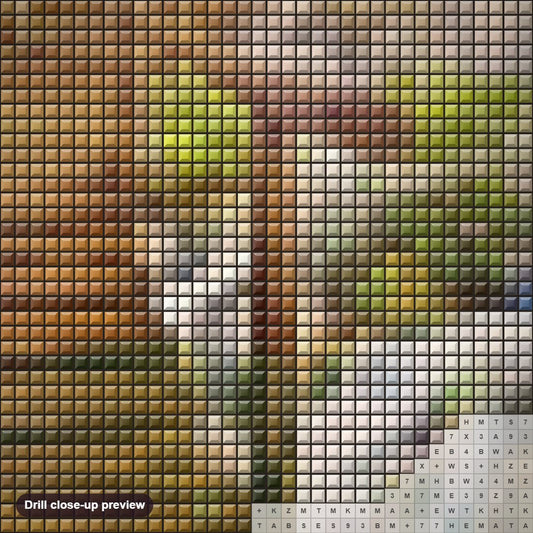 Close-up preview of the Forest Waterfall diamond painting with square 5D drills and printed canvas symbols