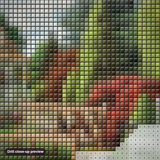 Close-up preview of the Fountain in Garden diamond painting with square 5D drills and printed canvas symbols