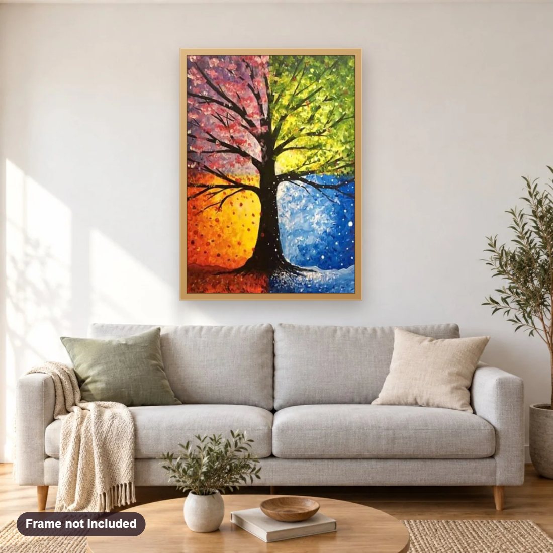 Four Seasons diamond painting shown framed on a living room wall above a sofa