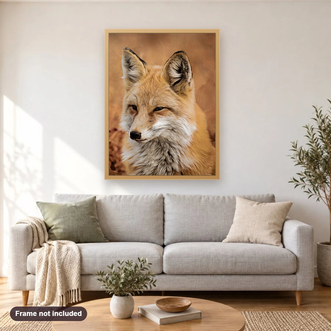 Fox diamond painting shown framed on a living room wall above a sofa