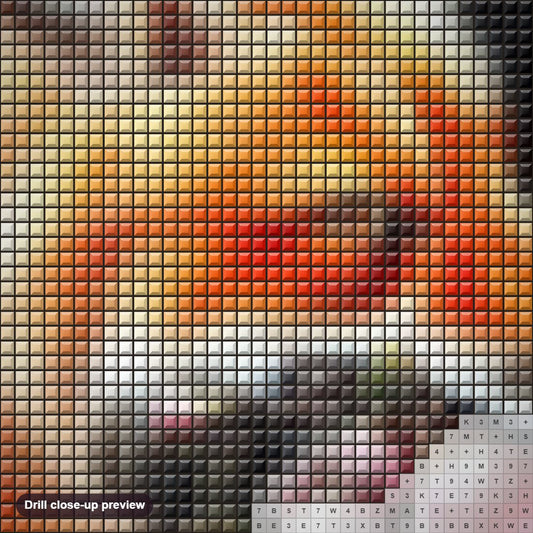Close-up preview of the Fox & Blossoms diamond painting with square 5D drills and printed canvas symbols