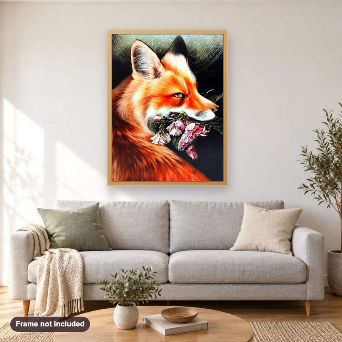 Fox & Blossoms diamond painting shown framed on a living room wall above a sofa
