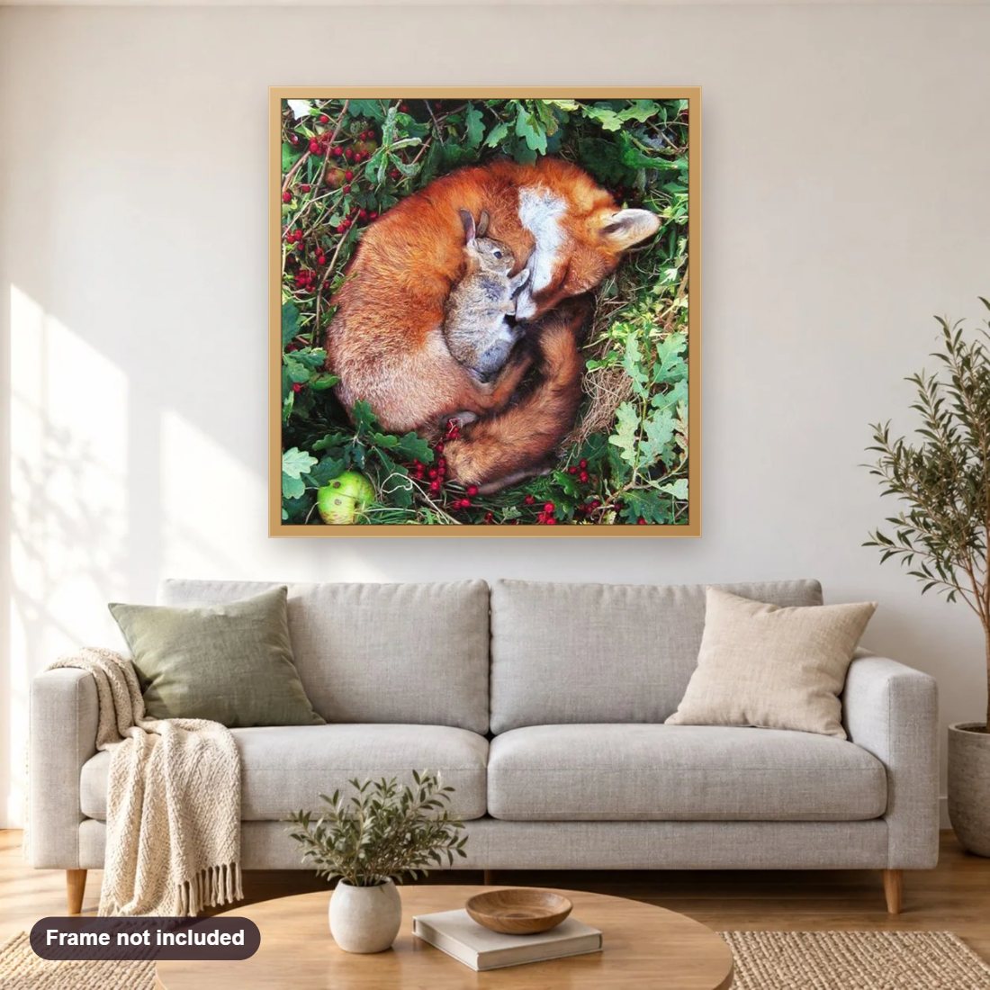 Fox & Rabbit diamond painting shown framed on a living room wall above a sofa