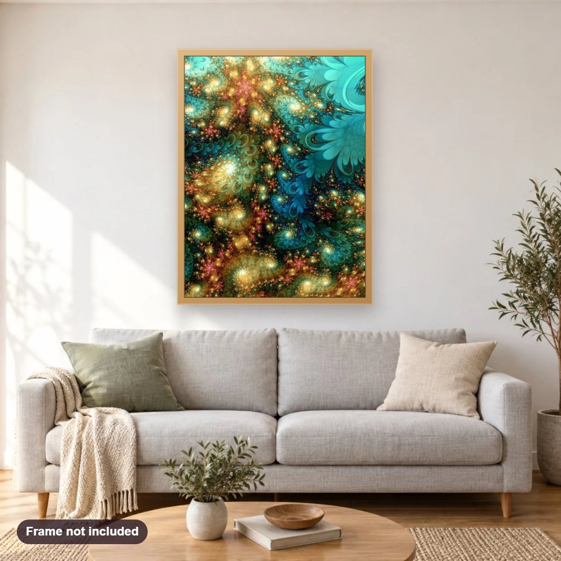 Fractal Art diamond painting shown framed on a living room wall above a sofa