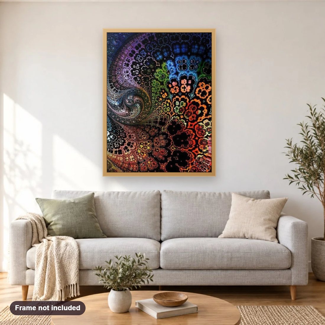 Fractal Garden diamond painting shown framed on a living room wall above a sofa